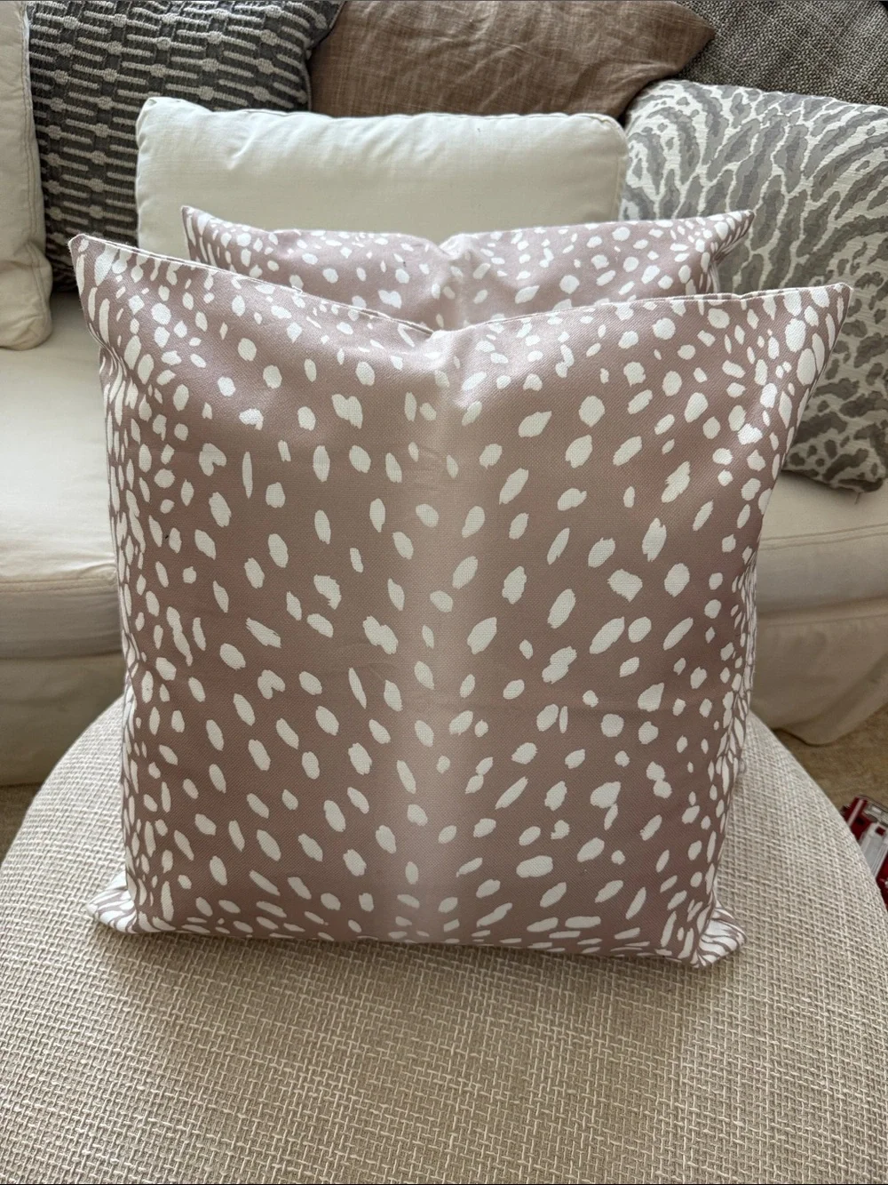 Beige Spot Pattern indoor/ outdoor throw pillow set, Ethan Allen inserts.